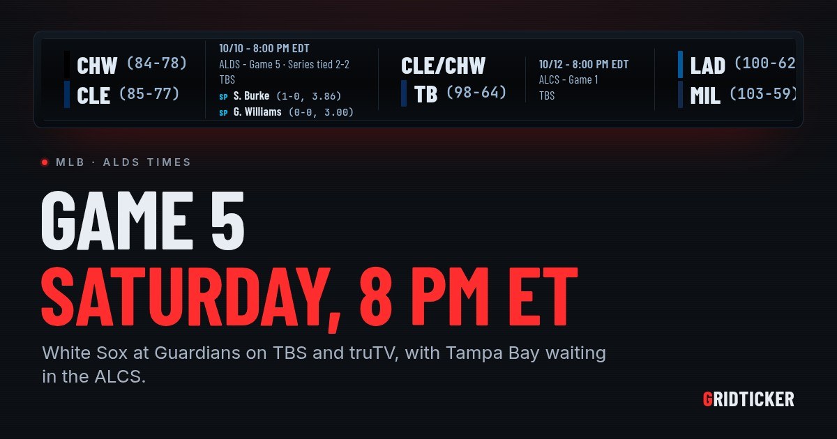 A GridTicker baseball strip showing ALDS Game 5, Chicago White Sox at Cleveland Guardians, Saturday at 8 PM ET, under the headline "Game 5."