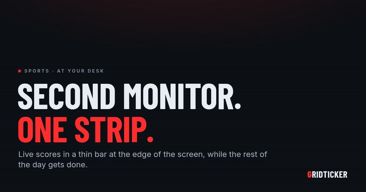 A GridTicker cover reading "SECOND MONITOR. ONE STRIP." under the line "Sports · at your desk," with a sentence about live scores in a thin bar at the edge of the screen.