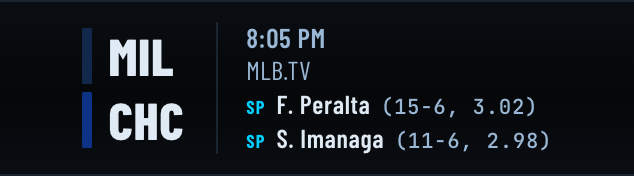 A baseball game still to come: MIL at CHC at 8:05 PM on MLB.TV, with each team's probable starting pitcher.